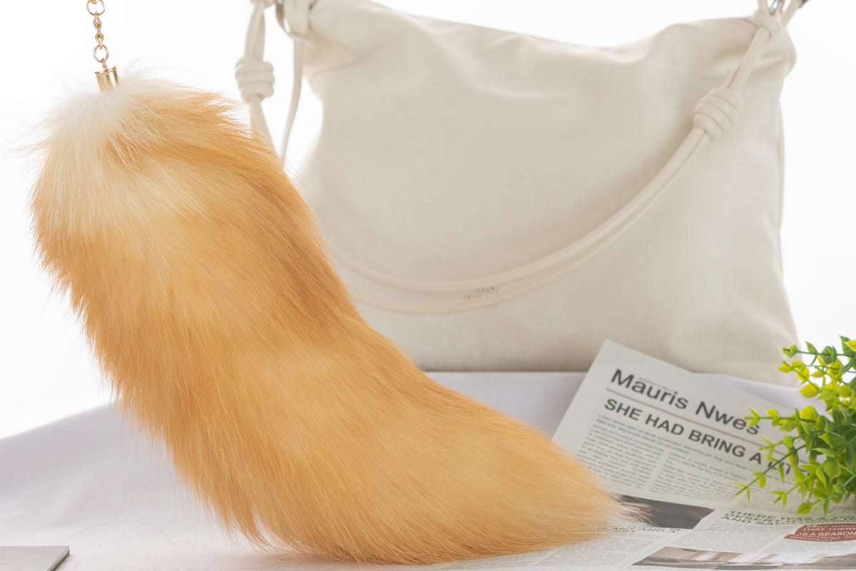 Fox Fur Tail Keychain: Fluffy Tassel Handbag Charm, 16 inch