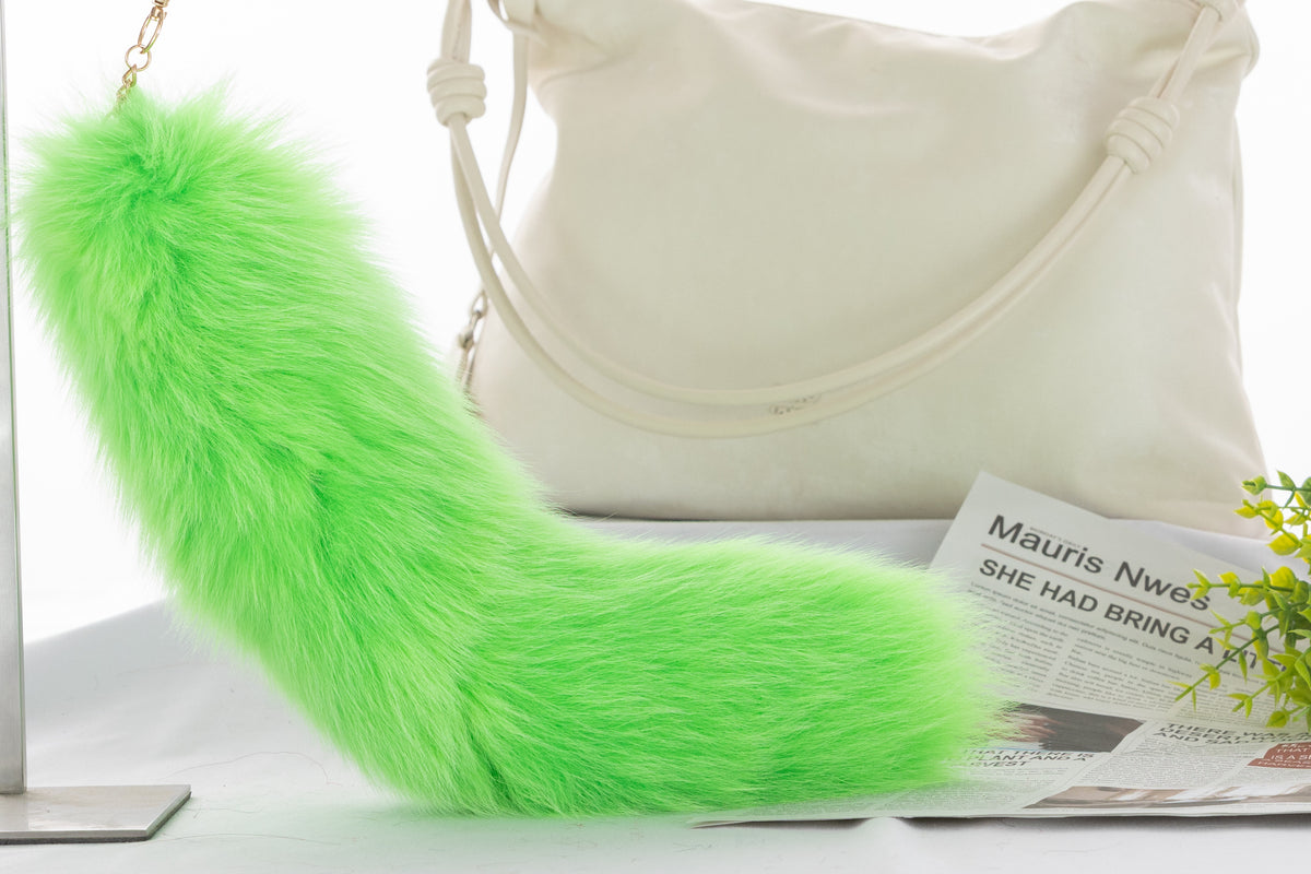 Fox Fur Tail Keychain: Fluffy Tassel Backpack Accessory (14 inch)