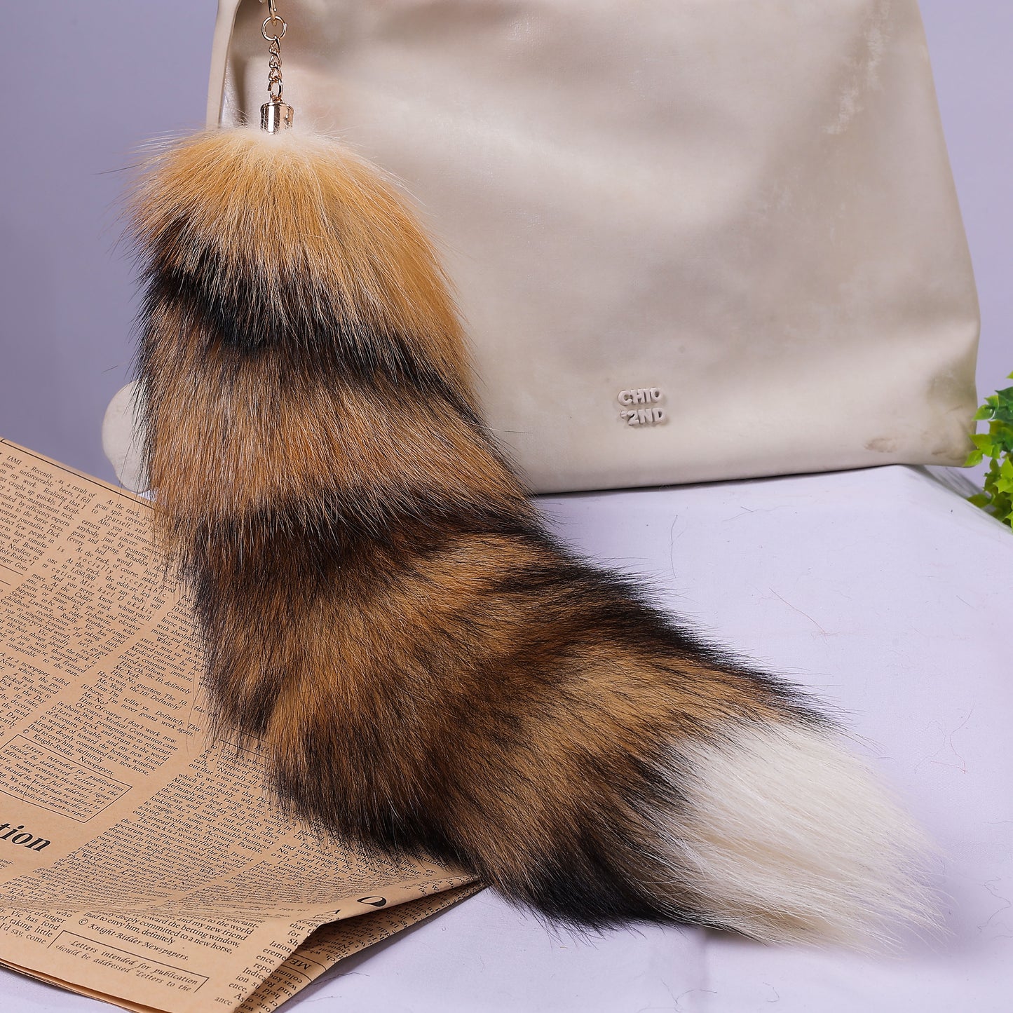 Fox Fur Tail Keychain: Fluffy Backpack Accessory (16 inch)