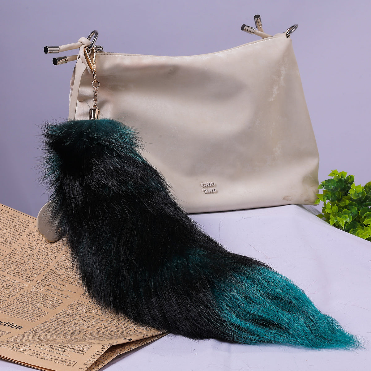 Fox Fur Tail Keychain: Fluffy Tassel Backpack Accessory (16 inch)