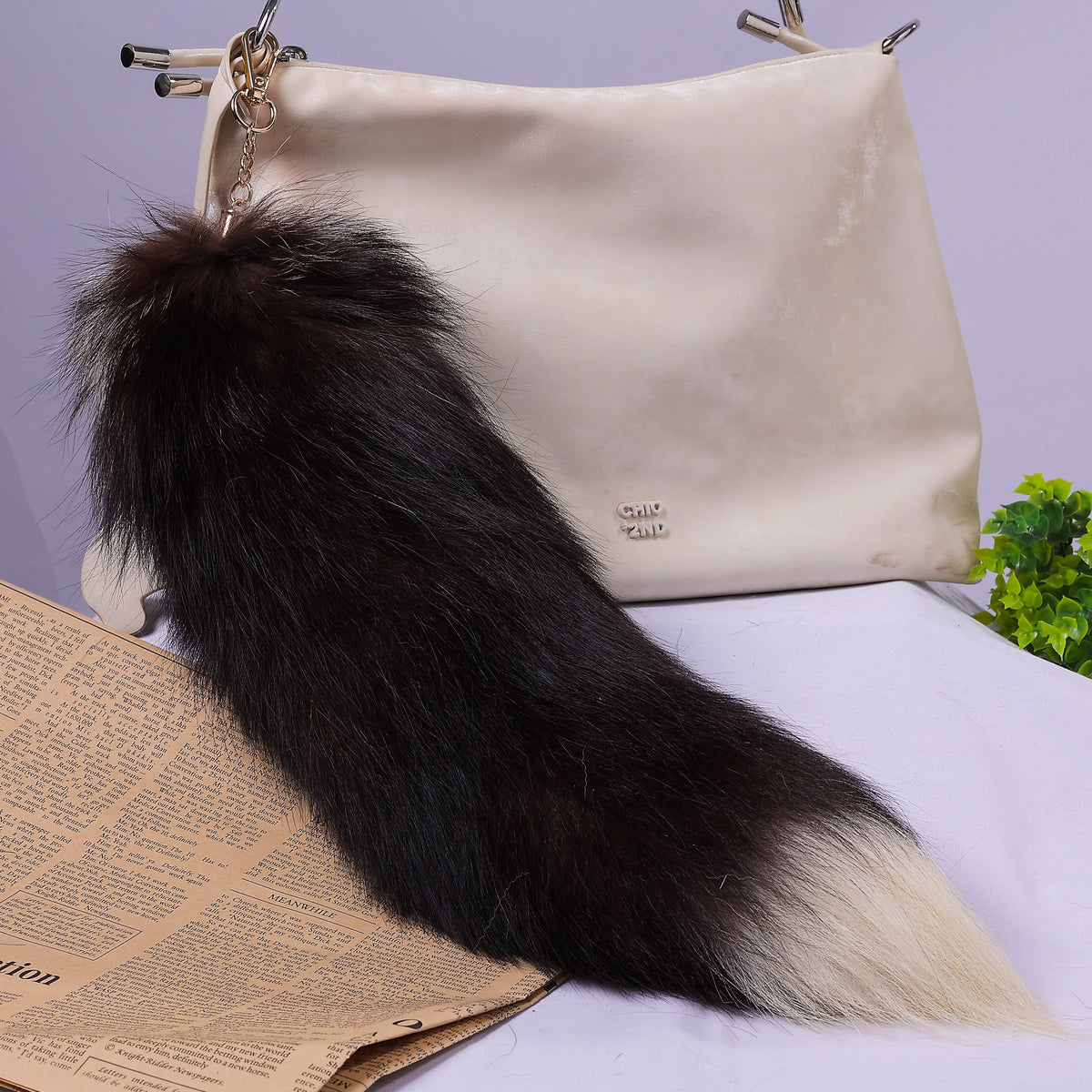 Fox Fur Tail Keychain: Fluffy Tassel Backpack Accessory, 16 inch