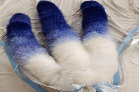 3 tails Handmade White Blue Real Fox Tail Fox Tail Cosplay Anime Sexy Cute Animal Furry Mature Fox Tail Butt Plug