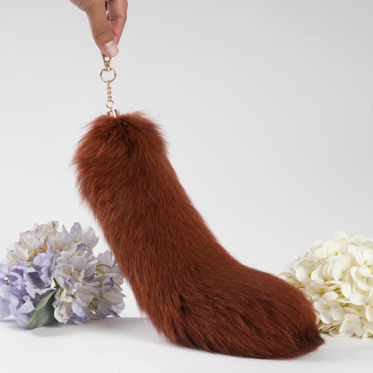 16 inch Fox Fur Tail Keychain: Fluffy Backpack Accessory, Tassel